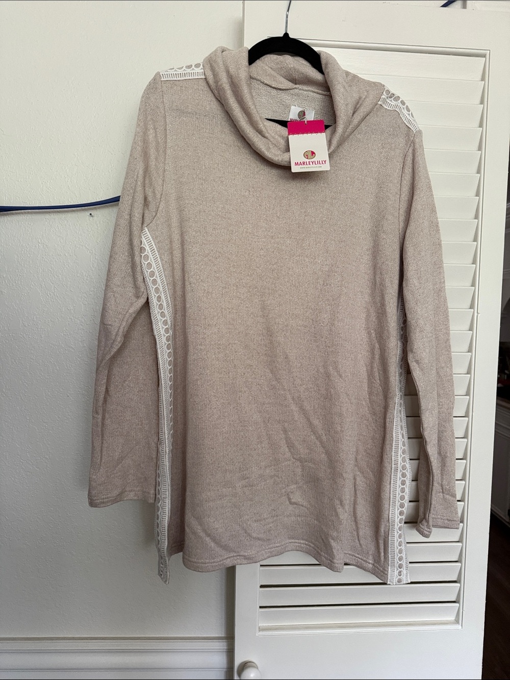 MARLEYLILLY Women's Beige Cowl Neck Sweater with Lace Inset